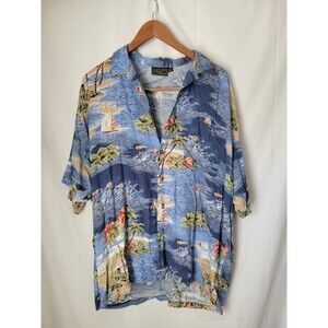 Monzini Collection Men's XL Blue Hawaiian Beach Scene Button‎ Down Shirt Casual